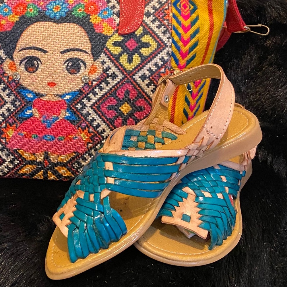 Leather Mexican Huaraches Teal/Tan Sandals Loafers Size 7 Boho Fiesta Festival